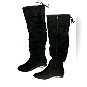 Dream Pairs Women’s 8 Black Suede Over the Knee Fur Ruched Zipper Buckle Boot